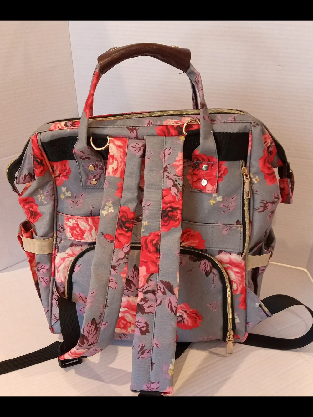 Kaom Floral Roses Gray & Pink Women’s Tote Diaper Bag Backpack